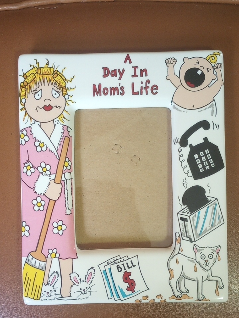 RARE "A Day in Mom's Life" Vintage Ceramic & Glass Tabletop Frame w/ Cat & Baby!